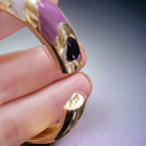 Vintage Bracelet 1980s Gold Tone Hinge with Rhinestones and Purple Enamel - Picture 5 of 10